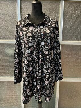 Style & Co. Black Floral Button-Up Blouse/Tunic